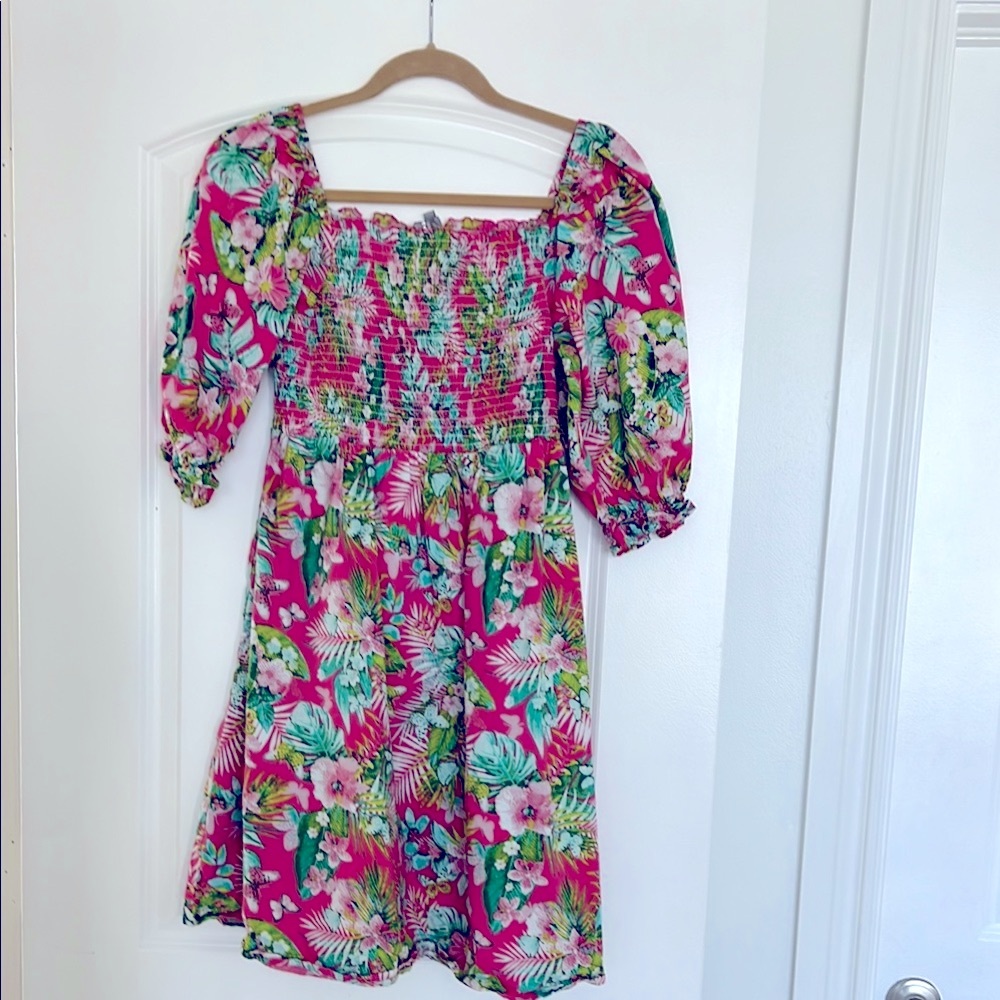 Pink and Green Smocked Sundress with Puff Sleeves
